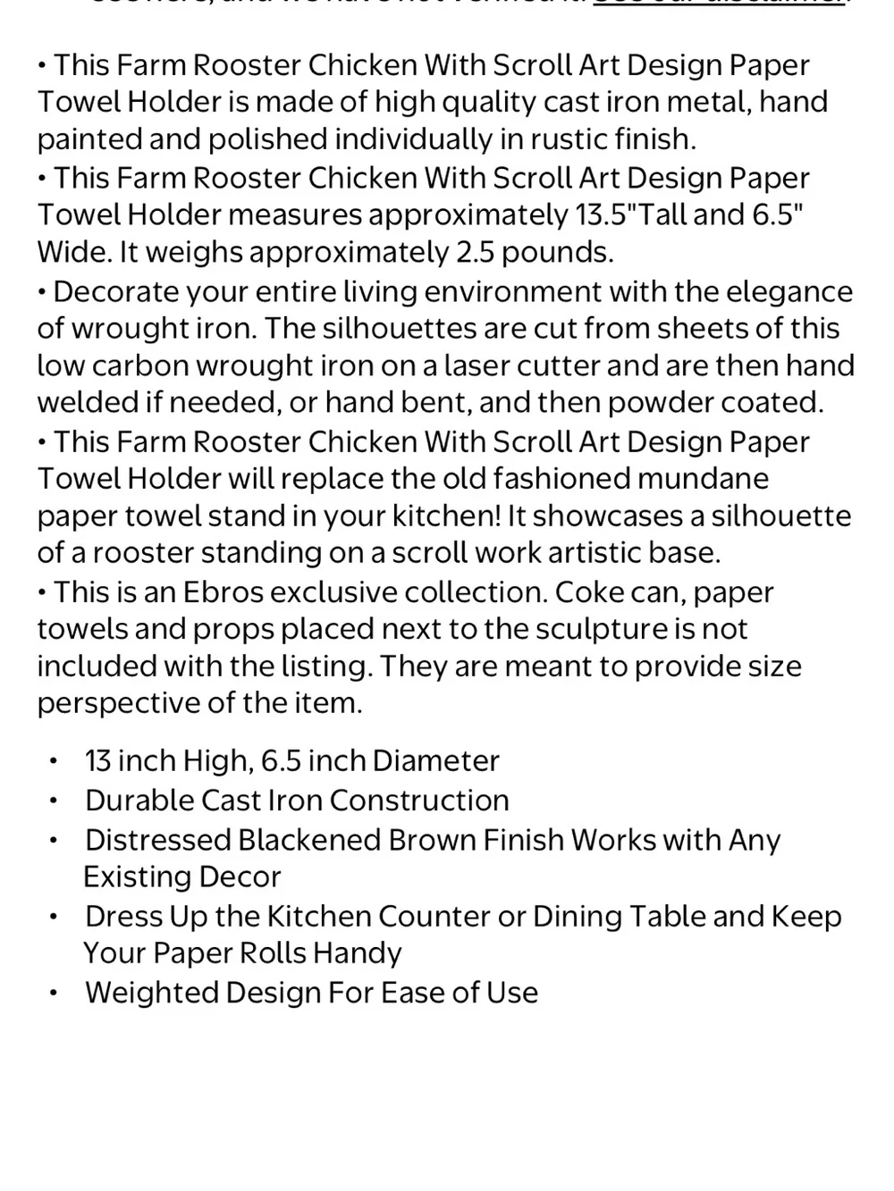 Rustic Elegance Cast Iron Rooster Paper Towel Holder - Freestanding Kitchen